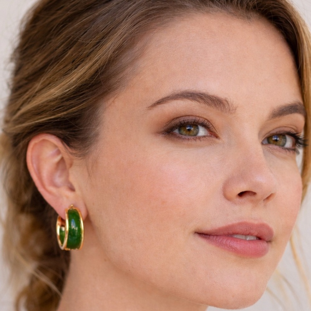 Zara Gold Hoop Earrings with Green Enamel - Picture 3 of 3